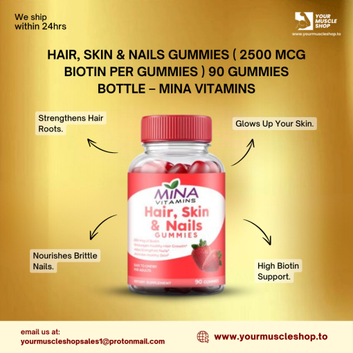 HAIR, SKIN & NAILS GUMMIES ( 2500 MCG BIOTIN PER GUMMIES ) 90 GUMMIES BOTTLE - MINA VITAMINS - Image 2